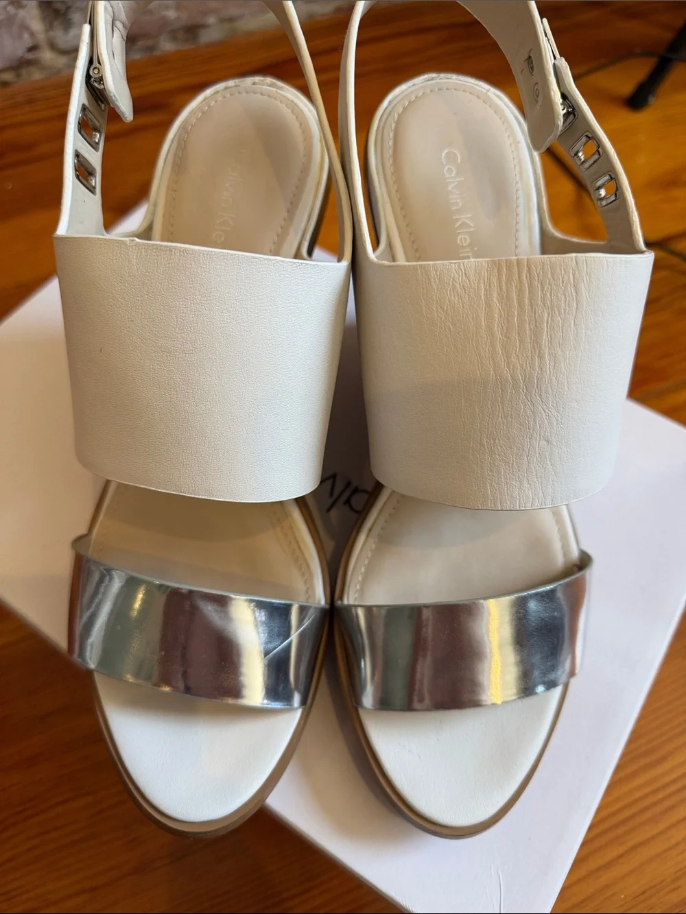 Calvin Klein White and Silver Wedge Sandals with Wood-Look Heel